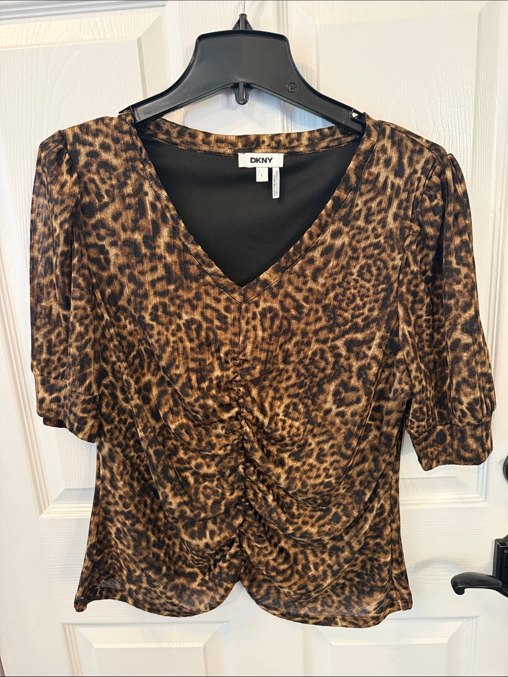 DKNY Leopard Print V-Neck Ruched Brown and Black Top